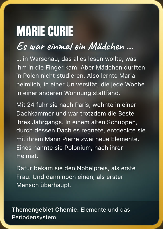 Marie Curie trading card, back: her story, starting with Es war einmal ein Mädchen