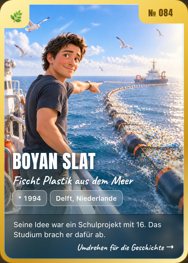 Boyan Slat trading card, front: a floating barrier collecting plastic at sea