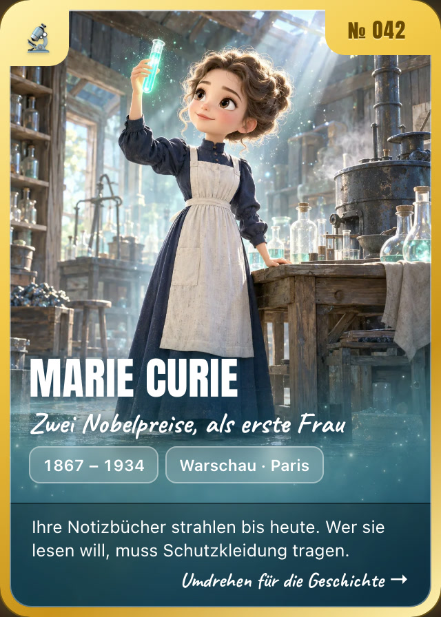 Marie Curie trading card, front: a young scientist in her lab