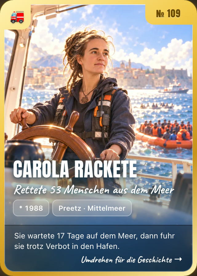 Carola Rackete trading card, front: at the helm of a rescue ship