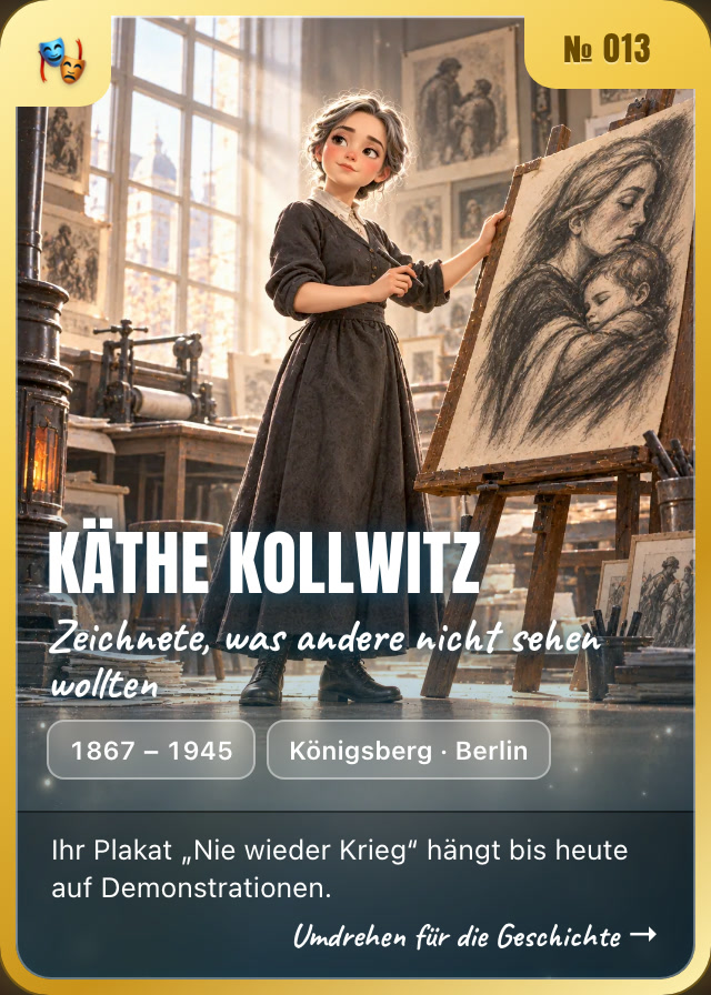 Käthe Kollwitz trading card, front: drawing in her studio