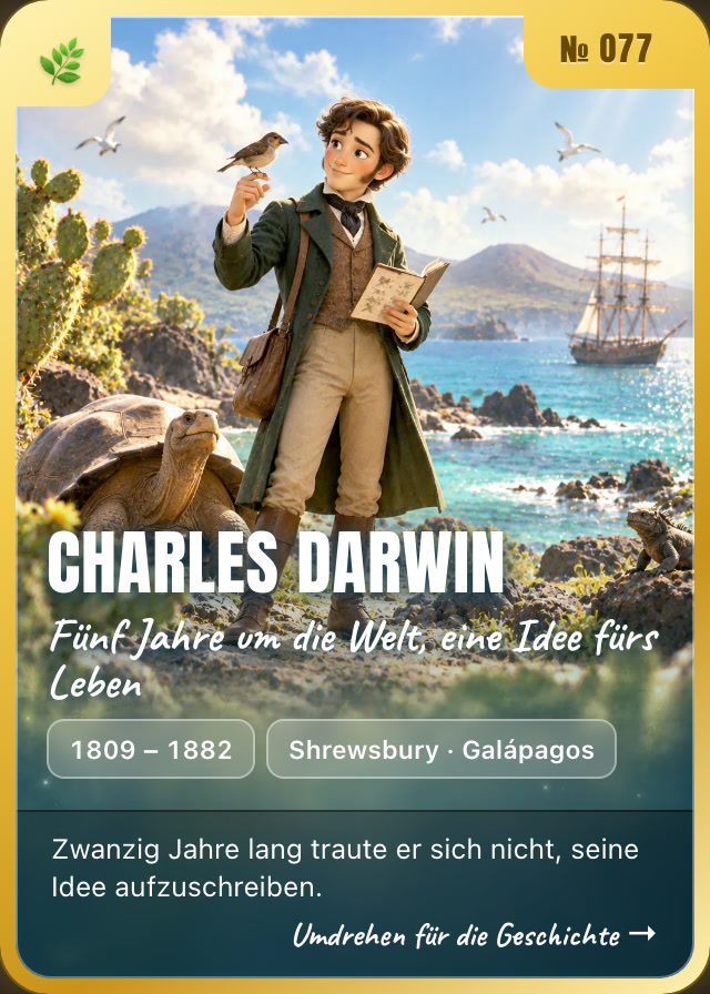 Charles Darwin trading card, front: on the Galápagos islands